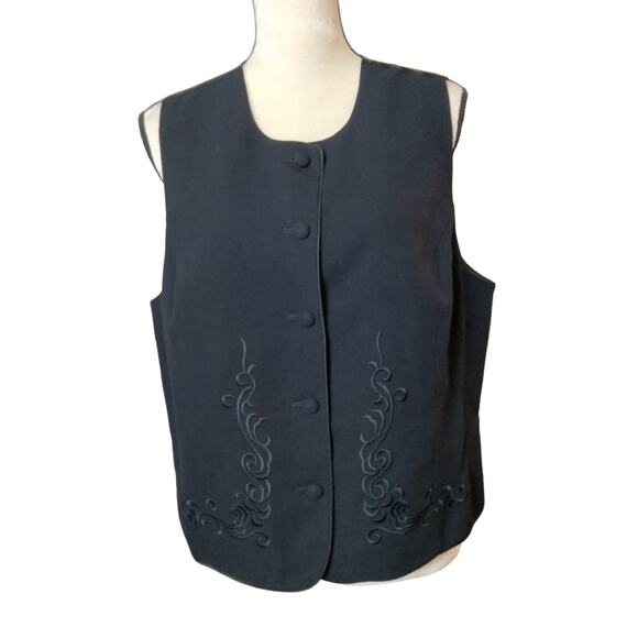 Vintage Valerie Stevens Sz 14 Navy Embroidered 100% Wool Vest Button High Neck - Picture 1 of 7
